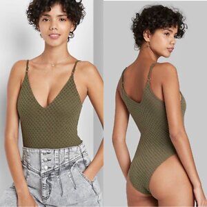 Wild Fable | Olive Green Eyelet Spaghetti Strap Bodysuit | Size Large